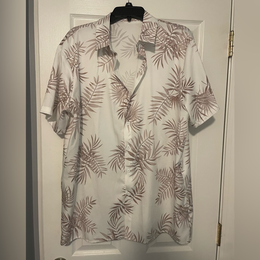 Shein Mens White and Tan Palm Leaf Print Shirt